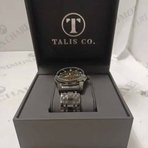 MENβS TALIS CO 7820 AUTOMATIC WATCH β BLACK SKELETON DIAL AND CASE β STAINLESS STEEL STRAP β GLASS BACKCASE
