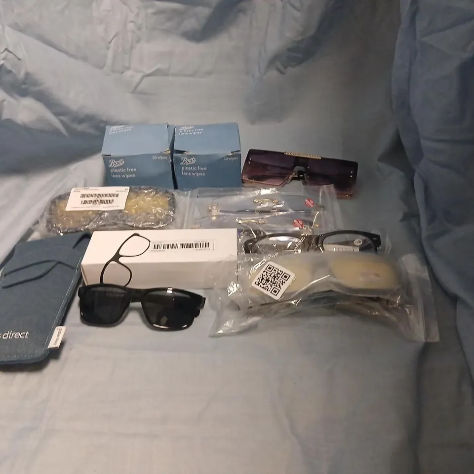 LARGE QUANTITY OF ASSORTED GLASSES TO INCLUDE; GLASSES DIRECT EYEWEAR ACCESSORIES BUNDLE – SUNGLASSES, CASES, AND CLEANING CLOTHS