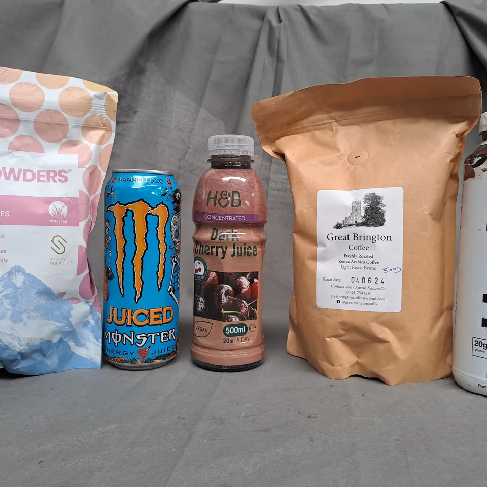 TOTE OF APPROX 12 ASSORTED FOOD ITEMS TO INCLUDE - MONSTER , HUEL CHOCOLATE , GREAT BRINGTON COFFEE ETC