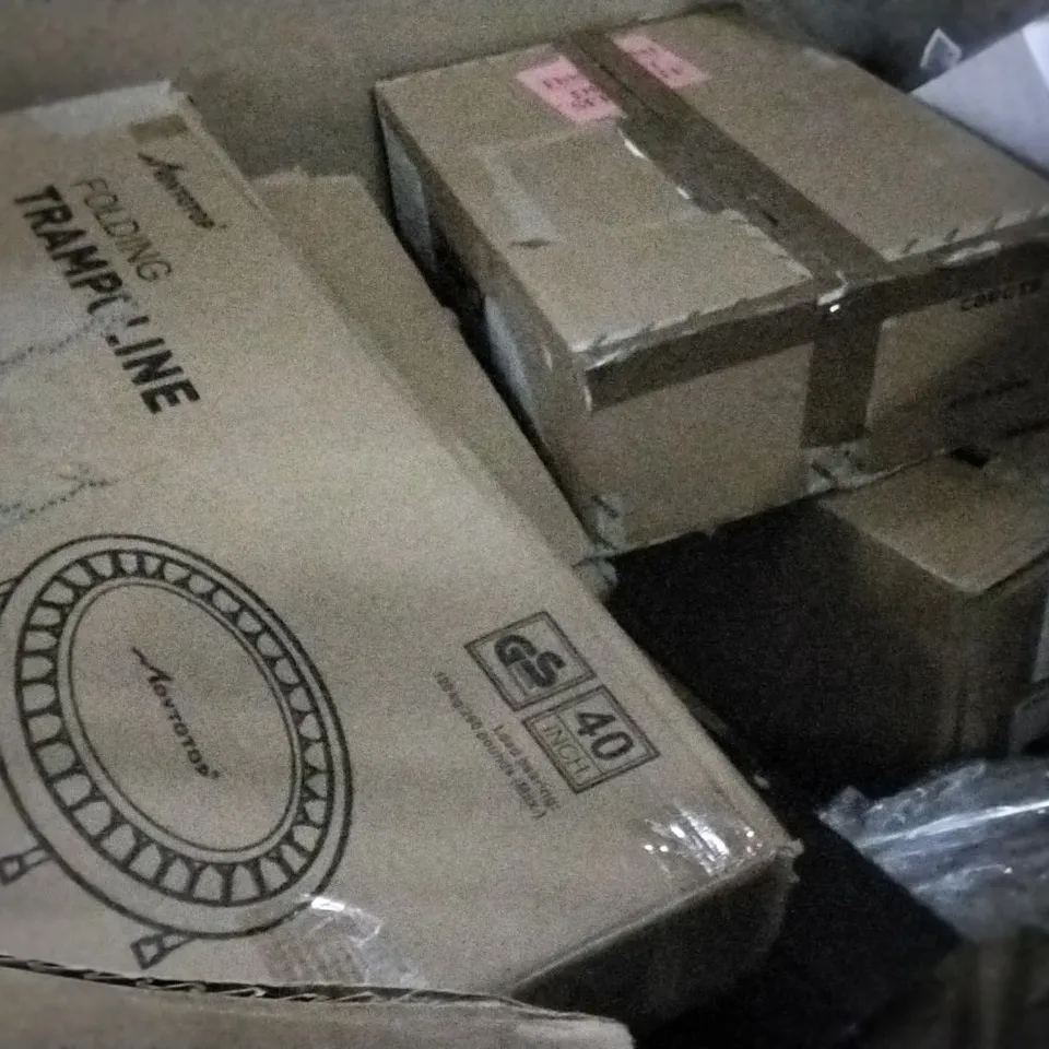 PALLET OF ASSORTED ITEMS INCLUDING ACEKOOL AIR PURIFIER, ALLOY LASER SWORD, HOMIDEC DESK, HBADA ERGONOMIC DESK CHAIR, MOVTOTOP TRAMPOLINE