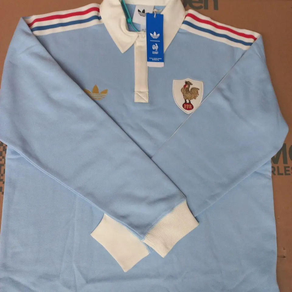 ADIDAS FRANCE RUGBY 120 YEARS CRUNCH HERITAGE JERSEY IN LIGHT BLUE SIZE LARGE