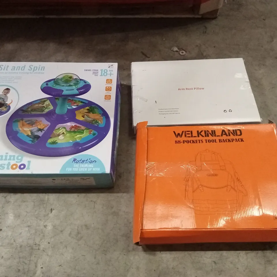 PALLET OF HOUSEHOLD GOODS AND PRODUCTS TO INCLUDE; ARM REST PILLOW, WELKINLAND 88-POCKETS TOOL BAG, SIT AND SPIN BALANCE TRAINING FOR CHILDREN STOOL 