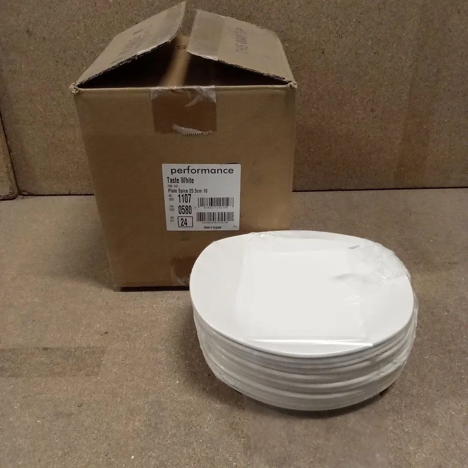 BOX OF APPROXIMATELY 24 PERFORMANCE WHITE PLATES 25.5cm