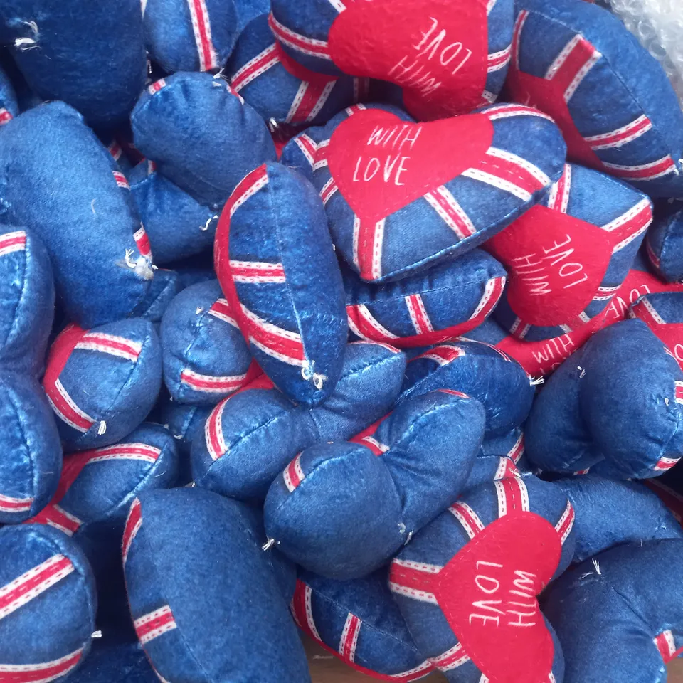 BOX OF APPROXIMATELY 20 UNITED KINGDOM "WITH LOVE" SMALL SOFT PLUSH CUSHIONS