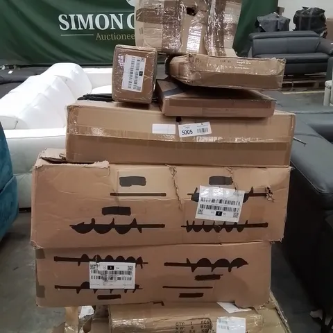 PALLET CONTAINING VARIOUS ASSORTED BOXED HOUSEHOLD CUSTOMER RETURNS TO INCLUDE: SEWING MACING, CEILING LIGHTS, LARGE DRILL BITS AND LOTS MORE UNMARKED BOXED ITEMS 