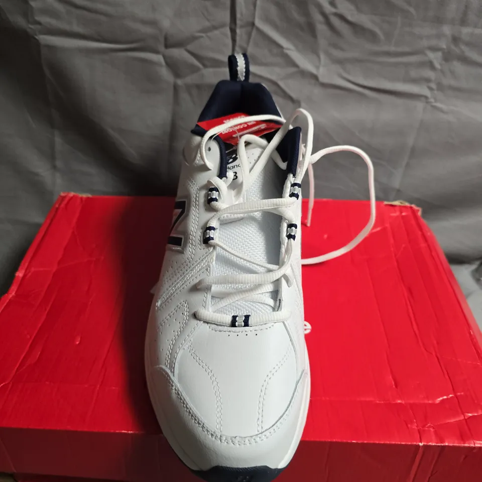 BOXED PAIR OF NEW BALANCE 608 SNEAKERS – WHITE & NAVY -  UK SIZE 11