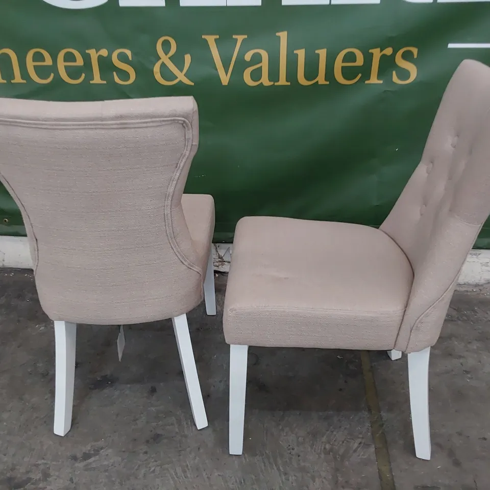 PAIR UPHOLSTERED BUTTONED BACK DINING CHAIRS BEIGE FABRIC ON WHITE PAINTED LEGS 
