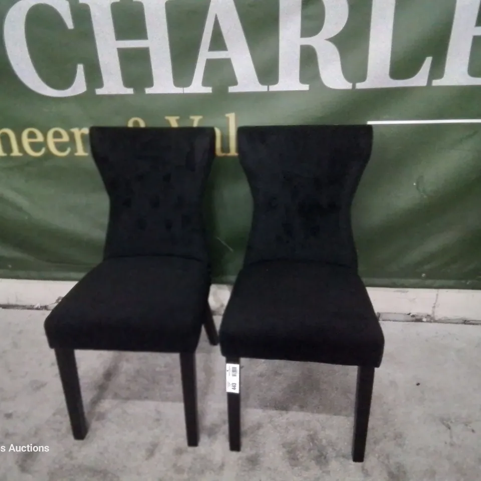 PAIR KENSINGTON BLACK VELVET BUTTONED BACK DINING CHAIRS BLACK LEGS