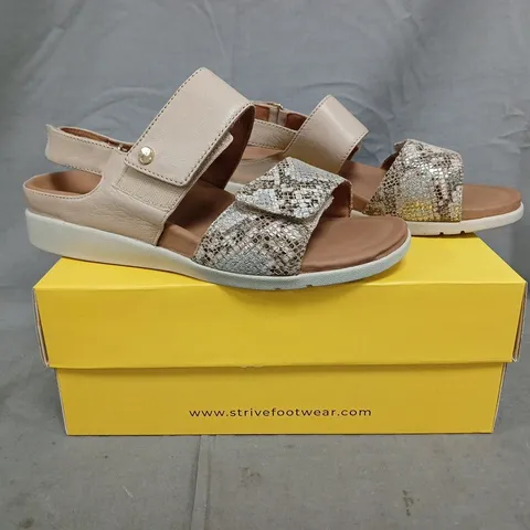 BOXED PAIR OF STRIVE OPEN TOE SANDALS IN BEIGE/SNAKE SIZE UK 6