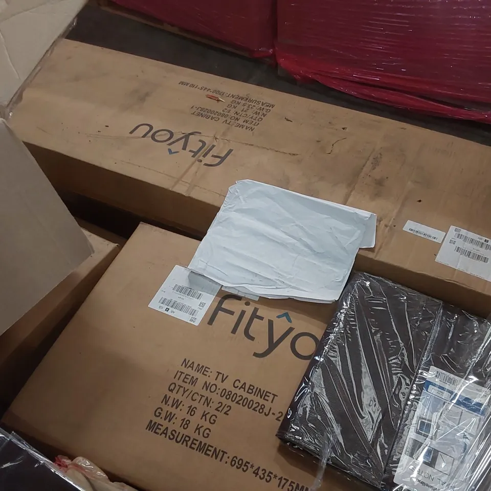 PALLET CONTAINING ASSORTED FITYOU TV CABINET PARTS AND OTHER ITEMS INCLUDING: IPAD CASES, HEAT POWERED STOVE FANS ECT