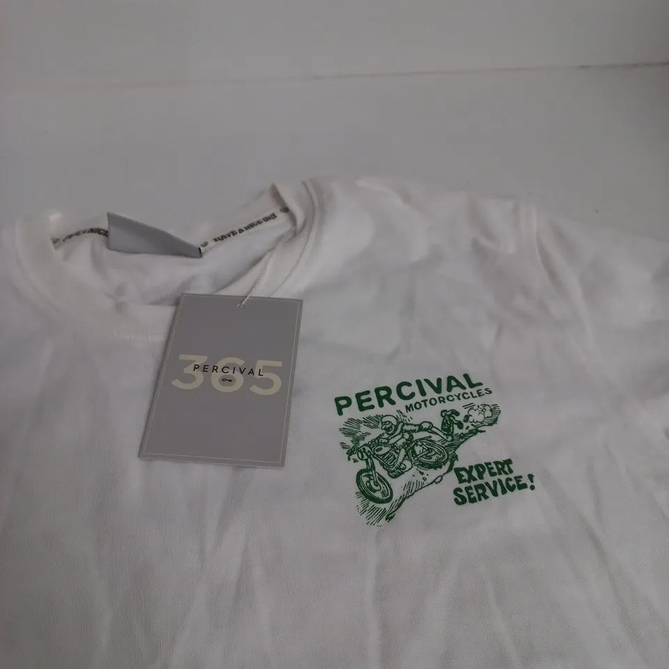 UK MEDIUM PERCIVAL MOTORCYCLES T-SHIRT – OPTIC WHITE