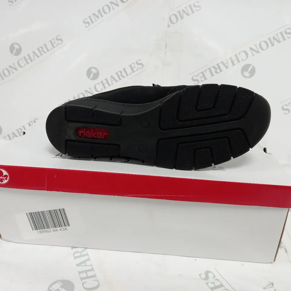 BOXED PAIR RIEKER WEDGE TRAINER IN BLACK, UK SIZE 3.5