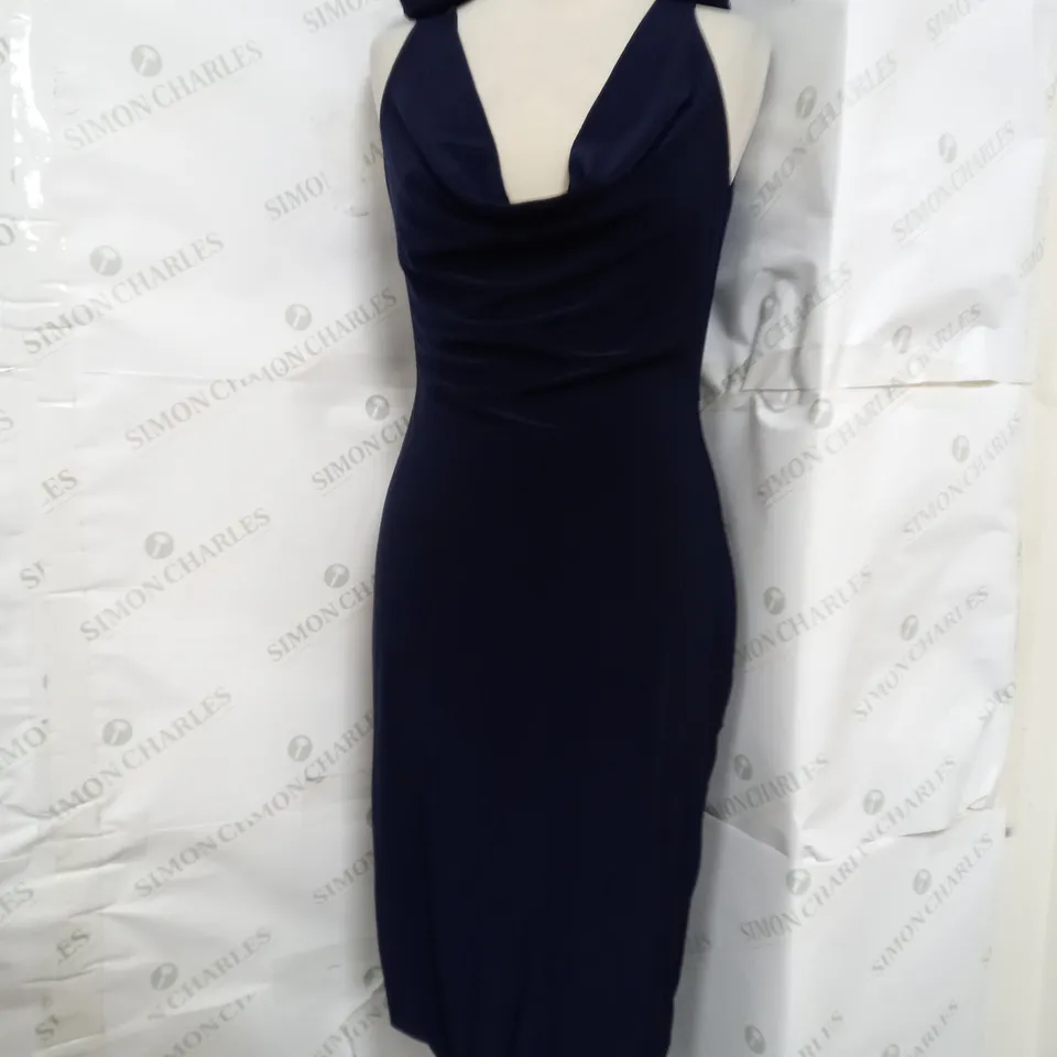 CLUB L NAVY COWL NECK MIDI DRESS WITH FLORAL CORSAGES IN NAVY - UK 12