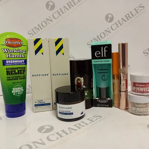 APPROXIMATELY 10 ASSORTED HEALTH BEAUTY PRODUCTS TO INCLUDE RUFFIANS HAIR CREAM, E.L.F. POWER GRIP PRIMER, REVOLUTION EYE BRIGHT UNDER EYE CONCEALER 