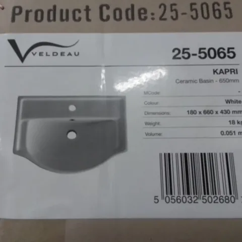 BOXED VELDEAU KAPRI CERAMIC BASIN IN WHITE - 180X660X430MM