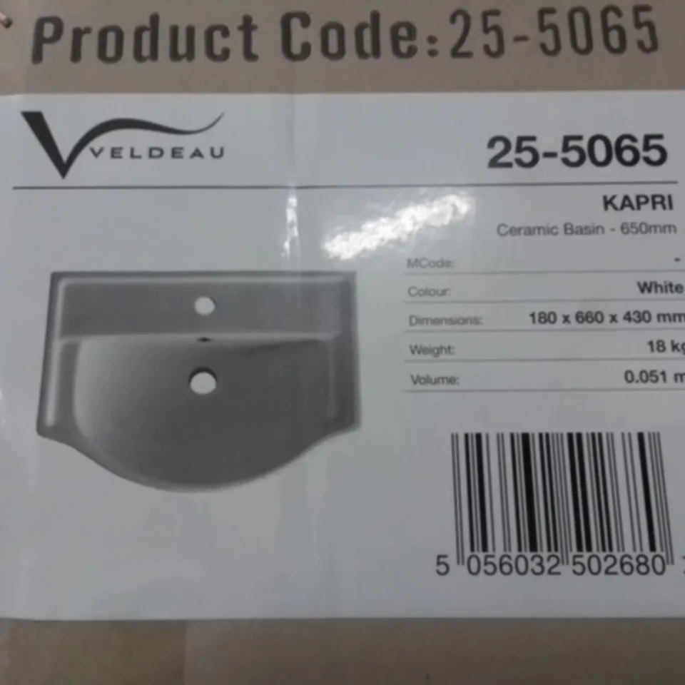 BOXED VELDEAU KAPRI CERAMIC BASIN IN WHITE - 180X660X430MM