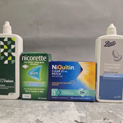 APPROXIMATELY 20 ASSORTED ITEMS TO INCLUDE NICORETTE GUM, MULTIPURPOSE CONTACT LENS CARE, ETC