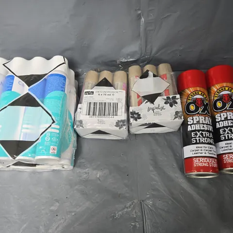 APPROXIMATELY 10 ASSORTED AEROSOLS TO INCLUDE BODY SPRAY, ADHESIVE, AND CLEANSING FOAM ETC. 