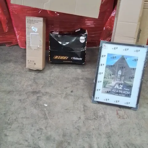 PALLET OF ASSORTED HOUSEHOLD GOODS AND PRODUCTS TO INCLUDE; KICK SCOOTER, SKATES, PICTURE FRAMES, BOXED FURNITURE ETC