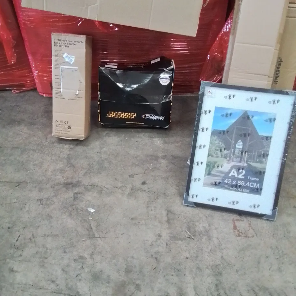 PALLET OF ASSORTED HOUSEHOLD GOODS AND PRODUCTS TO INCLUDE; KICK SCOOTER, SKATES, PICTURE FRAMES, BOXED FURNITURE ETC