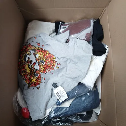 LARGE BOX OF APPROXIMATELY 20 ASSORTED CLOTHING ITEMS IN VARIOUS SIZES, STYLES AND COLOUR