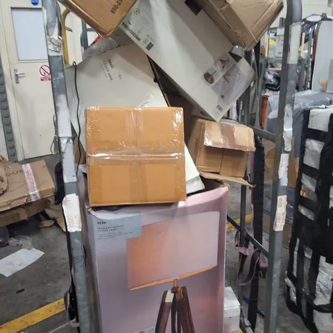 CAGE OF ASSORTED LIGHTING PRODUCTS TO INCLUDE;WOODEN TRIPOD FLOOR LAMP,LEVER ARM FLOOR LAMP,LED FLUSH LIGHT