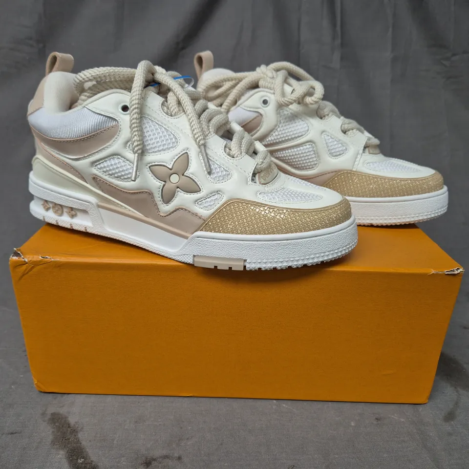 BOXED PAIR OF LOUIS VUITTON SKATE SNEAKERS IN APRICOT/WHITE UK SIZE 8