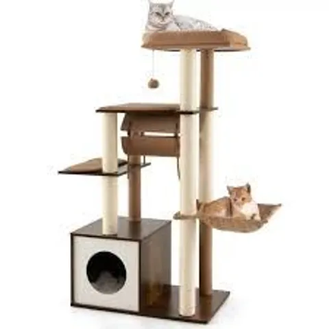 BOXED COSTWAY BROWN WOODEN CAT TREE WITH HAMMOCK