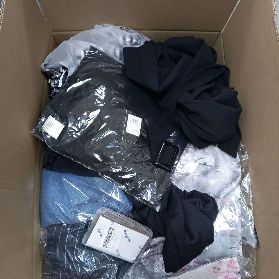 BOX OF ASSORTED CLOTHING ITEMS TOO INCLUDE JUMPERS, SHIRTS AND TROUSERS IN VARIOUS SIZES AND COLOURS   