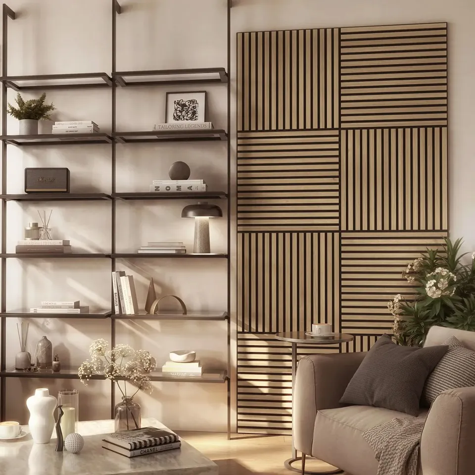 BRAND NEW BOXED ALUXO ACOUSTIC SLAT WOOD WALL TILES 4 PIECES OF 600 X 600 X 22MM LIGHT OAK RRP £150