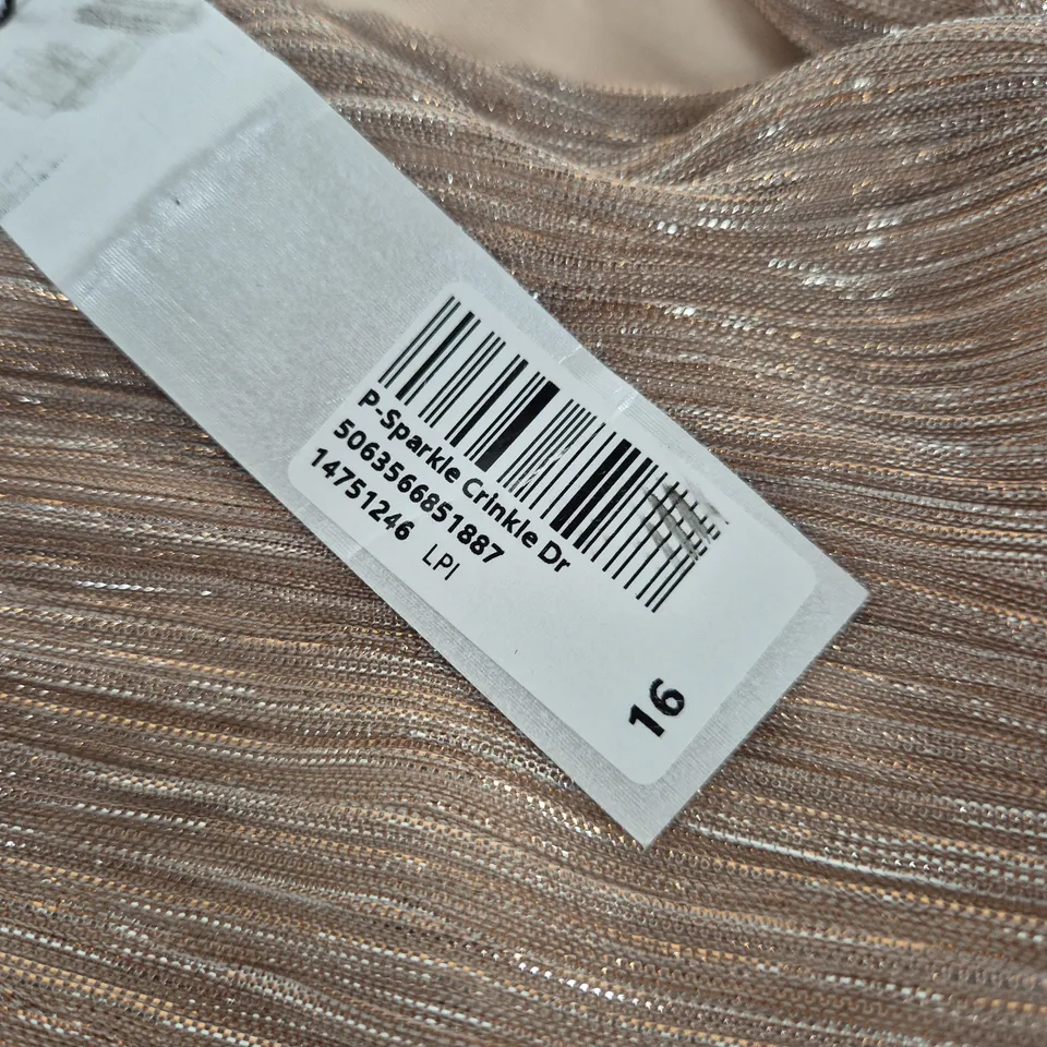 ROMAN PETITE ROSE GOLD SPARKLE CRINKLE DRESS – UK 16
