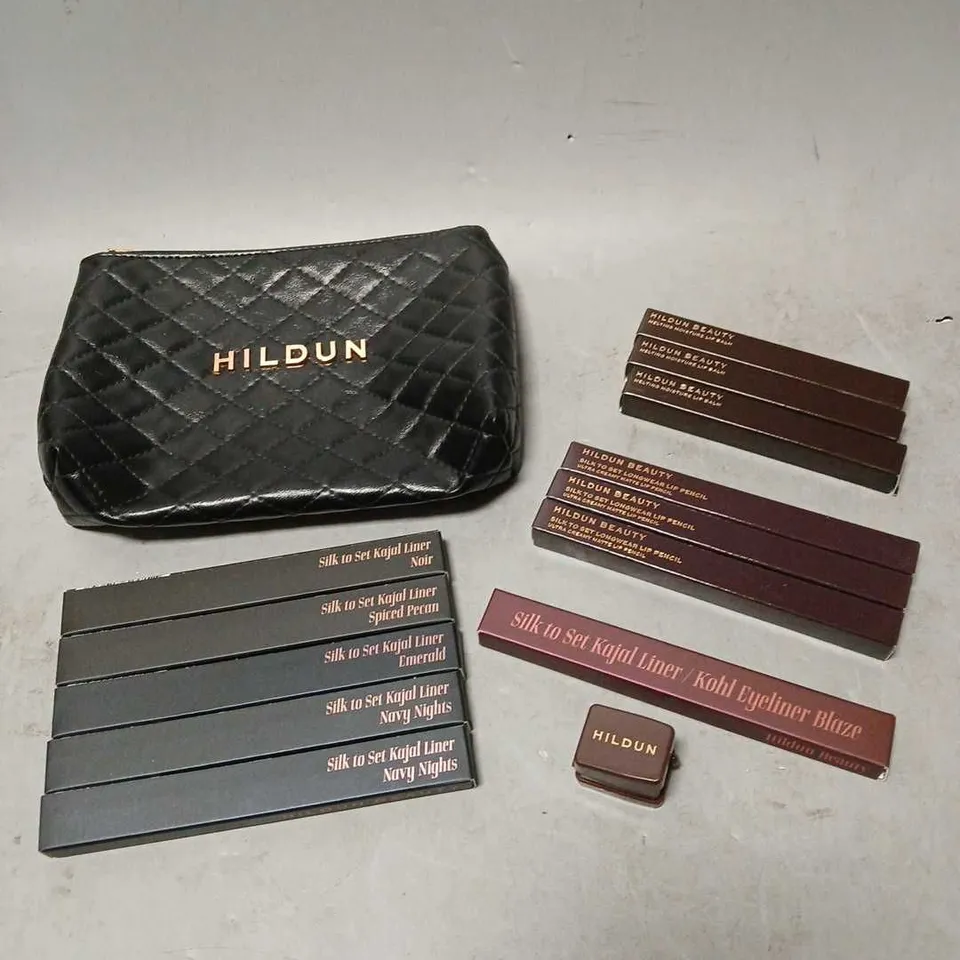 HILDUN BEAUTY LOT OF 10 ASSORTED MAKEUP PRODUCTS TO INCLUDE - SILK TO SET LIP PENCIL - MELTING MOISTURE LIP BALM - SILK TO SET KAJAL LINER - ETC