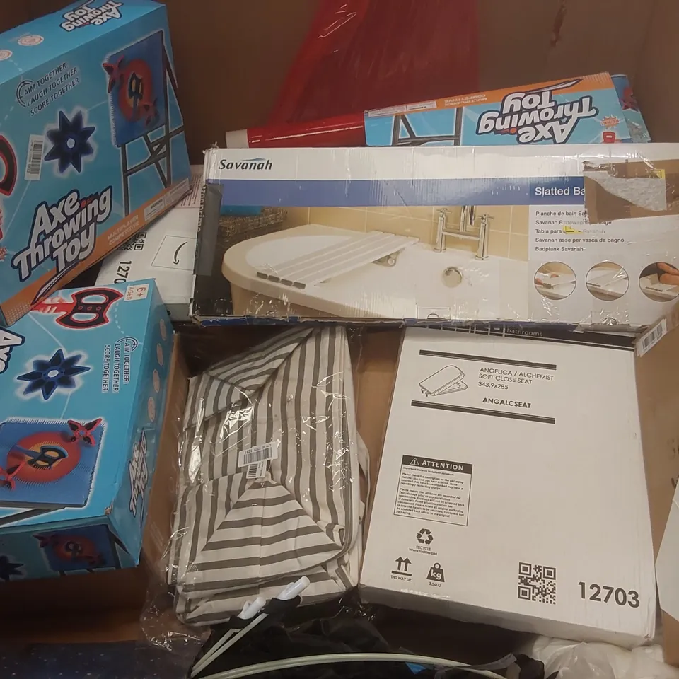 PALLET CONTAINING A VERY LARGE QUANTITY OF ASSORTED ITEMS INCLUDING: AXE THROWING TOYS, SLATTED BATH BOARD, TOILET SEATS ECT