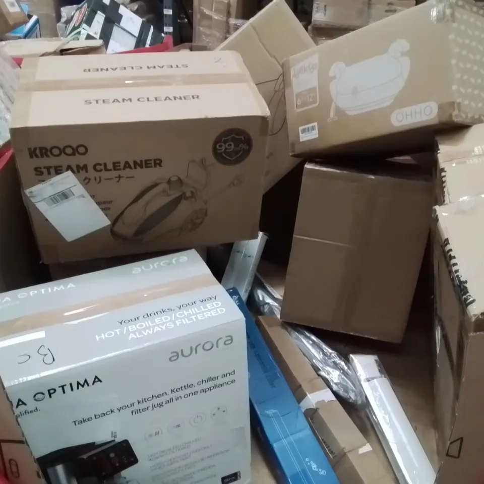PALLET CONTAINING VARIOUS ASSORTED BOXED HOUSEHOLD ITEMS TO INCLUDE: STEAM CLEANER, KIDS BOOSTER SEATS, HOT AND COLD WATER MACHINE, LIGHT BULBS AND LOTS MORE UNMARKED BOXED ITEMS 