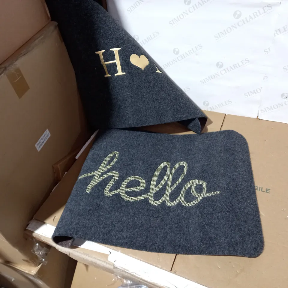 LOT OF 2 ASSORTED DESIGNER GREY/GOLD "HOME" "HELLO" DOOR MATS