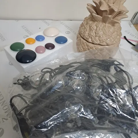 BOX OF APPROXIMATELY 10 ASSORTED ITEMS TO INCLUDE LIGHTS, DOOR HANDLES, PINEAPPLE CANDLE ETC