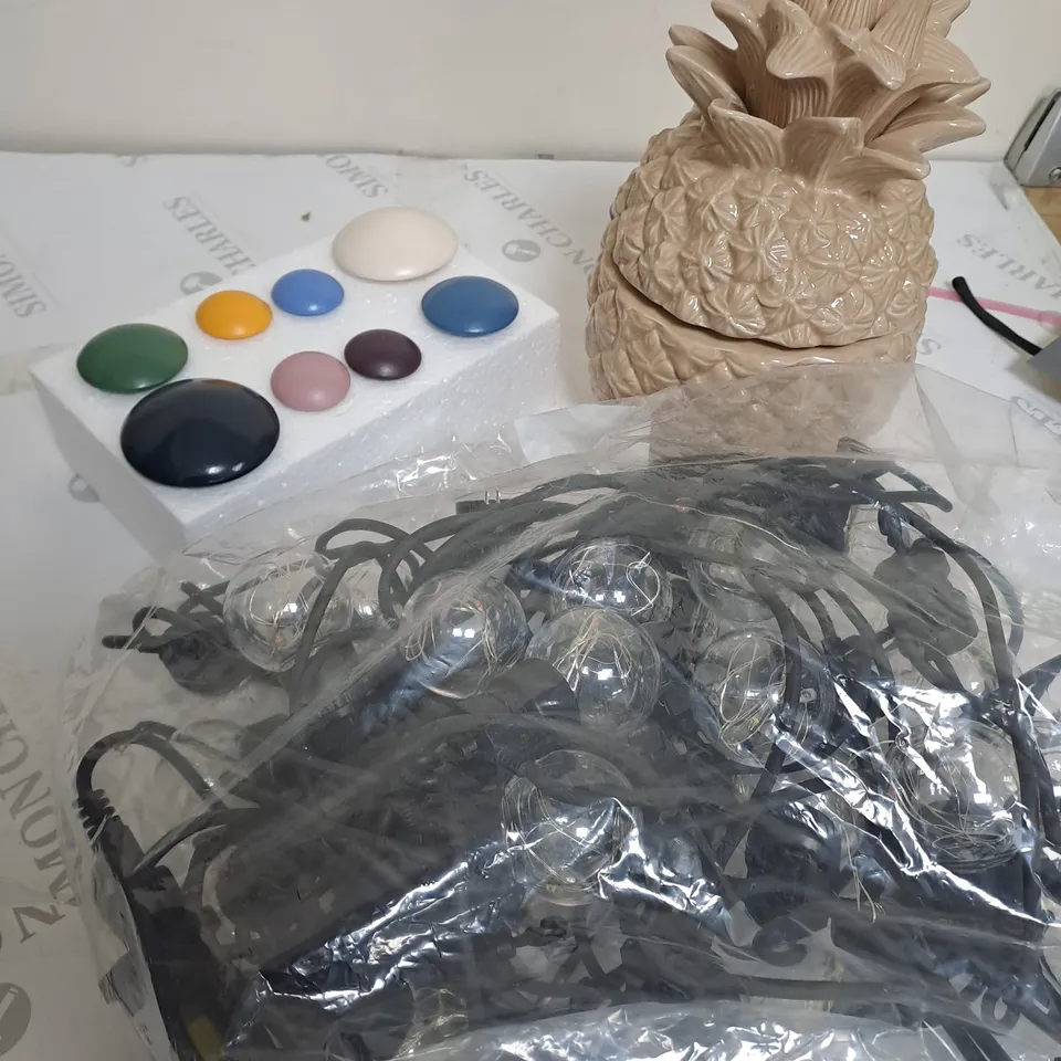 BOX OF APPROXIMATELY 10 ASSORTED ITEMS TO INCLUDE LIGHTS, DOOR HANDLES, PINEAPPLE CANDLE ETC