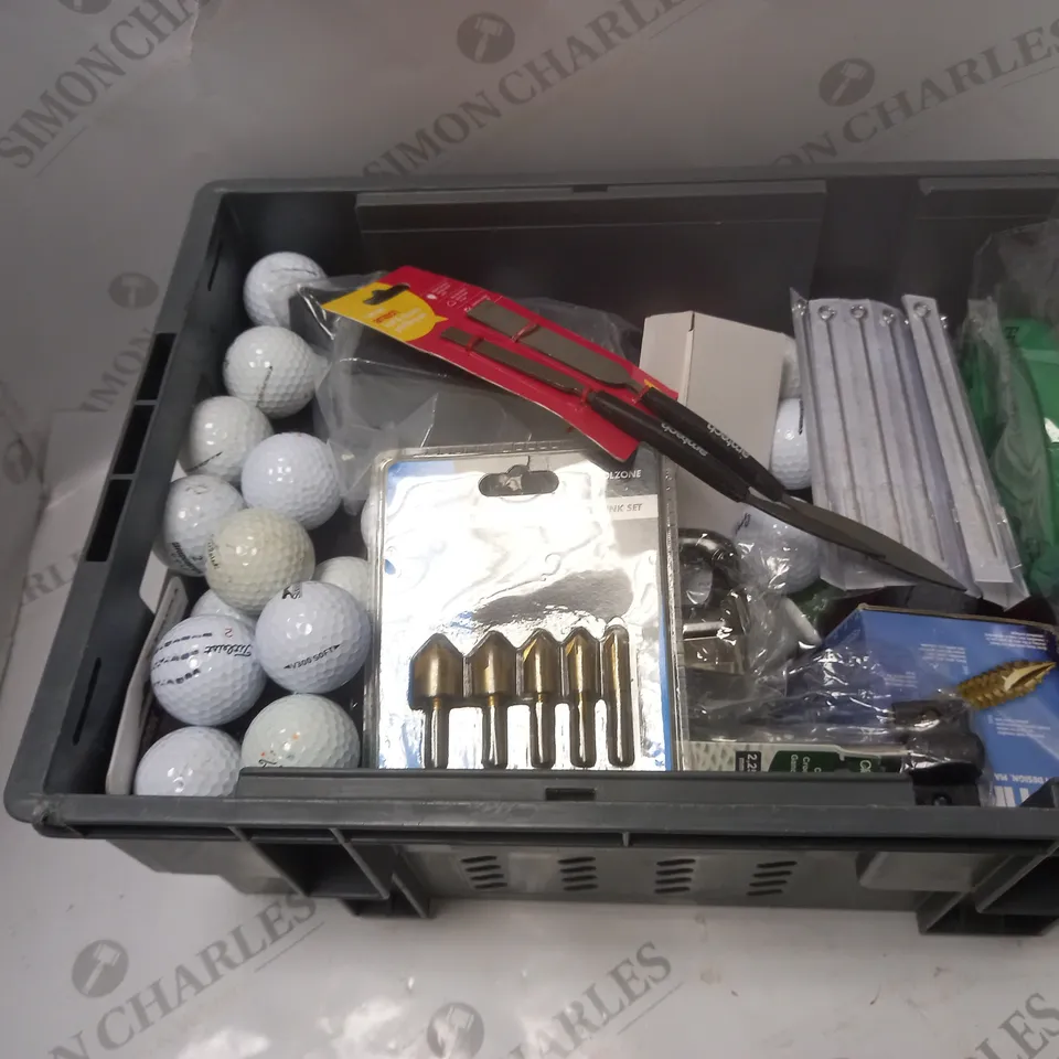 BOX OF ASSORTED ITEMS TO INCLUDE GOLF BALLS AND TOOLS, ETC