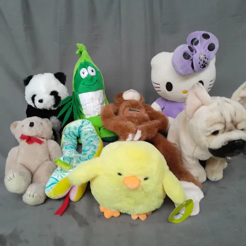 BOX OF ASSORTED PLUSH SOFT TEDDIES TO INCLUDE HELLO KITTY, FRENCH BULLDOG AND PLUSH CHICK