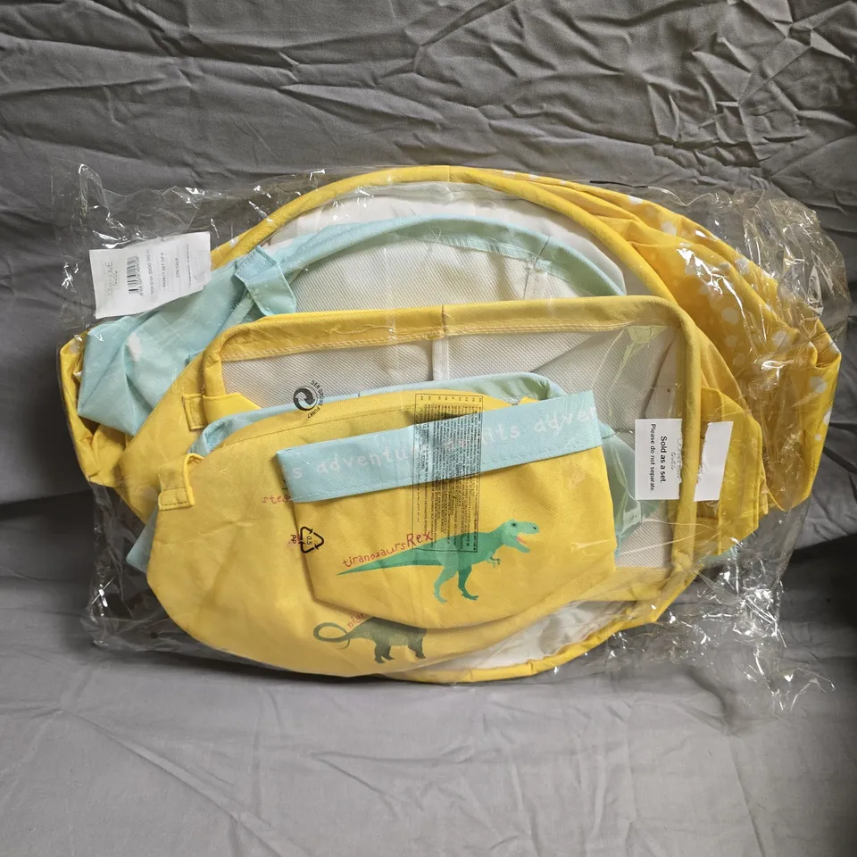 APPROXIMATELY 10 X OCEAN HOME DINOSAUR-THEMED BASKET SET OF 6  – YELLOW WITH TEAL DINOSAUR PRINT 