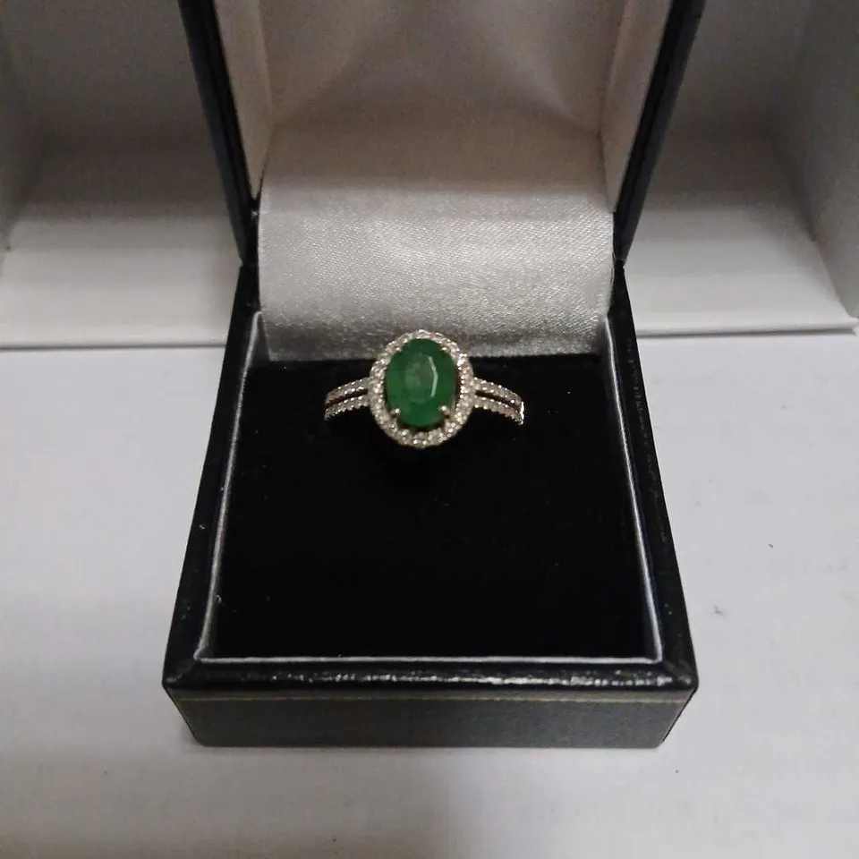 1.00CT ZAMBIAN EMERALD OVAL HALO 0.35CT DIAMOND RING 14CT GOLD