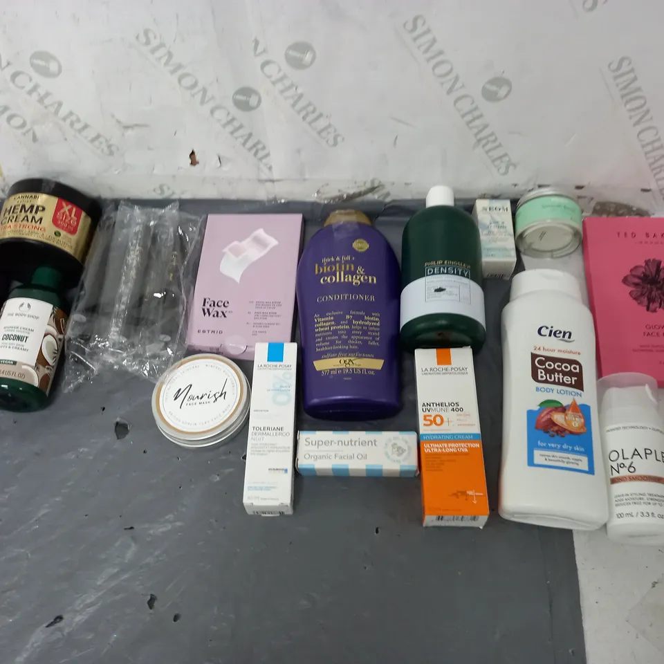 BOX OF APPROXIMATELY 12 ASSORTED COSMETIC ITEMS TO INCLUDE - BODY SHOP SHOWER CREAM - HEMP CREAM - AUSSIE MINUTE MIRACLE ETC.