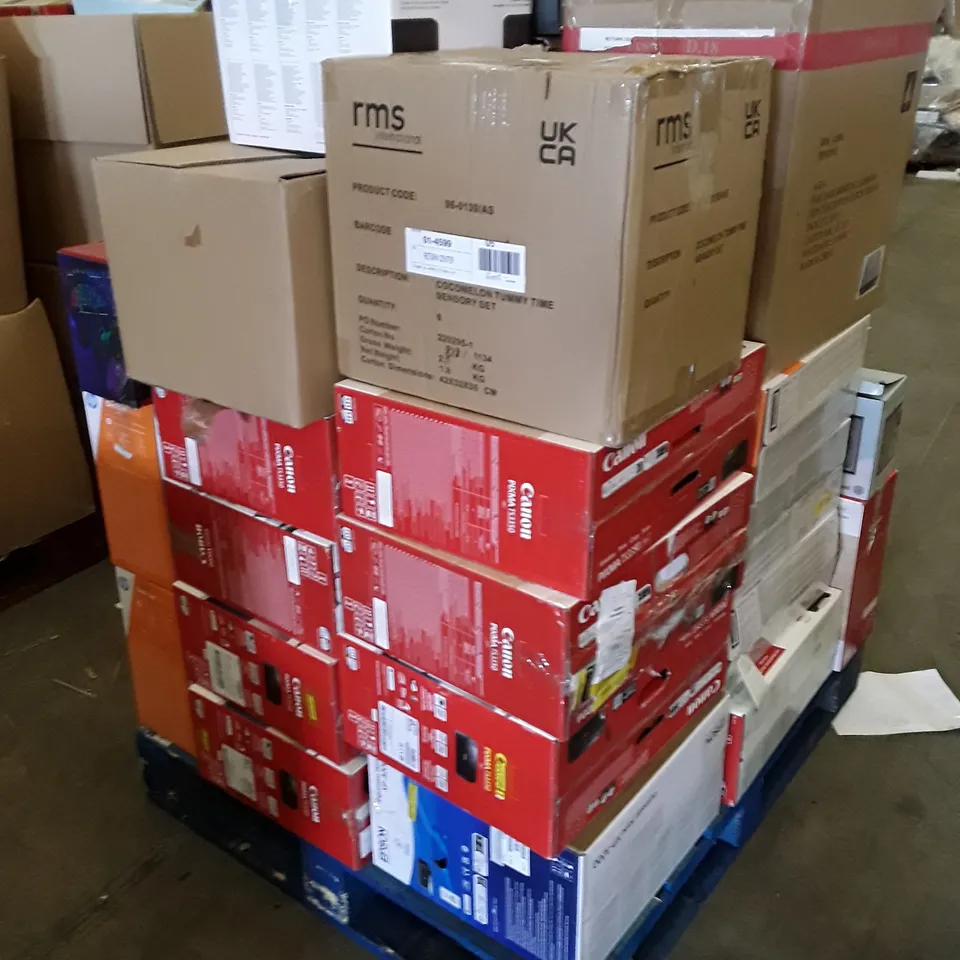 PALLET OF ASSORTED ELECTRONIC PRODUCTS INCLUDING PRINTERS, GAMING KEYBOARDS, CD BOOMBOXES, HI-FI MICRO SYSTEM