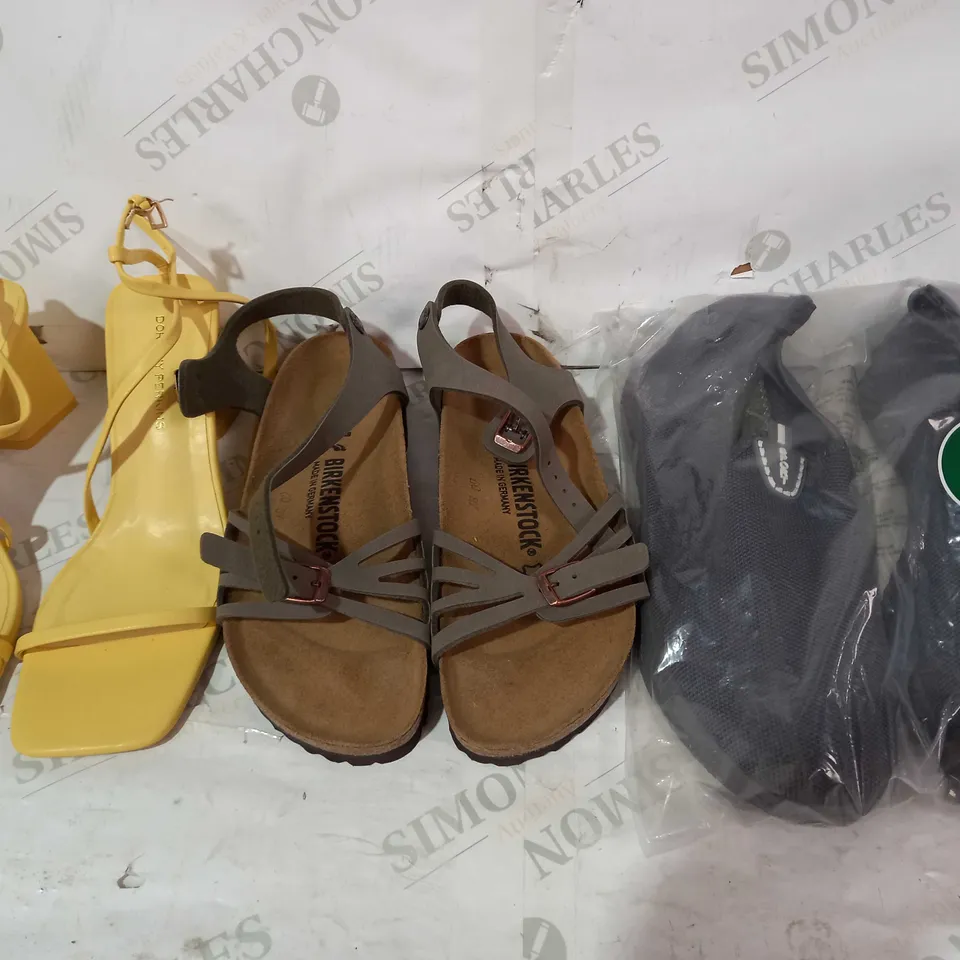 BOX OF APPROXIMATELY 15 ASSORTED PAIRS OF SHOES AND FOOTWEAR ITEMS IN VARIOUS STYLES AND SIZES TO INCLUDE DOROTHY PERKINS, BIRKENSTOCK, ETC