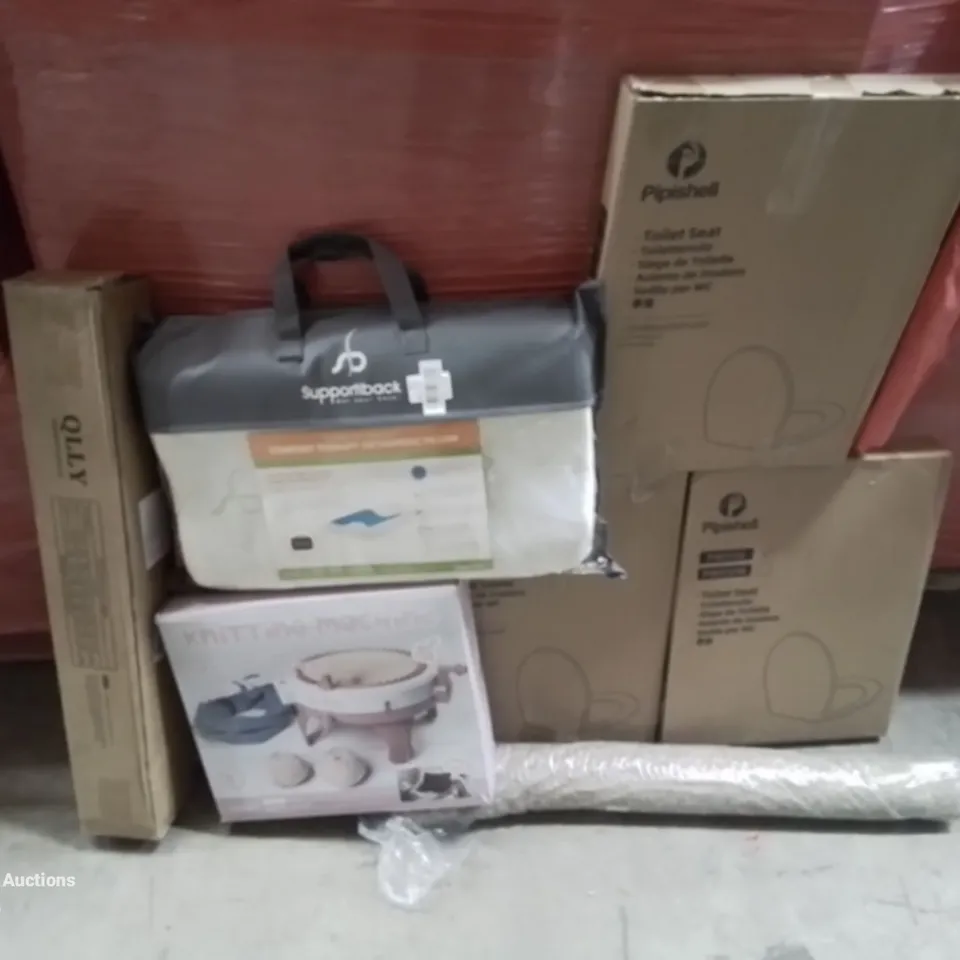 PALLET CONTAINING VARIOUS ASSORTED ITEMS TO INCLUDE: KNITTING MACHINE,  TOILET SEATS, AREA RUG, ORTHOPEDIC THERAPY PILLOW,  AND LOTS MORE UNMARKED BOXED ITEMS 