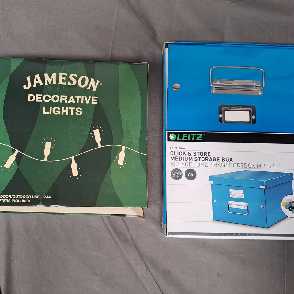 BOX OF APPROXIMATELY 10 ASSORTED HOUSEHOLD ITEMS TO INCLUDE JAMESON DECORATIVE LIGHTS, CLICK & STORE MEDIUM STORAGE BOX, ETC
