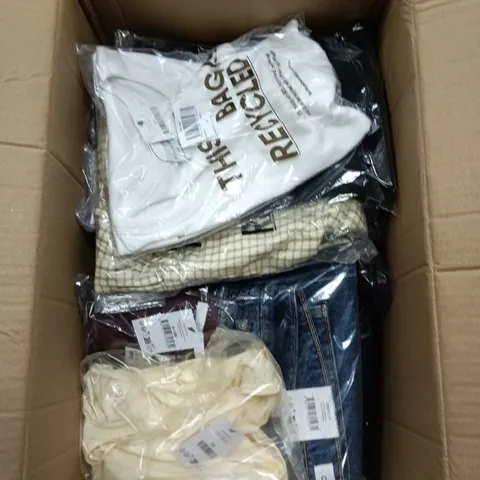 BOX OF APPROXIMATELY 20 ASSORTED CLOTHING ITEMS IN VARIOUS STYLES , COLOURS AND SIZES 