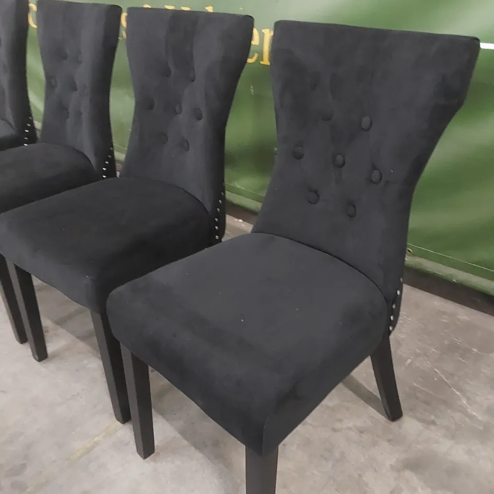 SET OF 4 KENSINGTON BLACK VELVET BUTTON BACK DINING CHAIRS - BLACK LEGS 