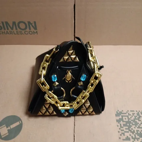 KOI BLACK HANDBAG WITH TURQUOISE STONES AND GOLD CHAIN