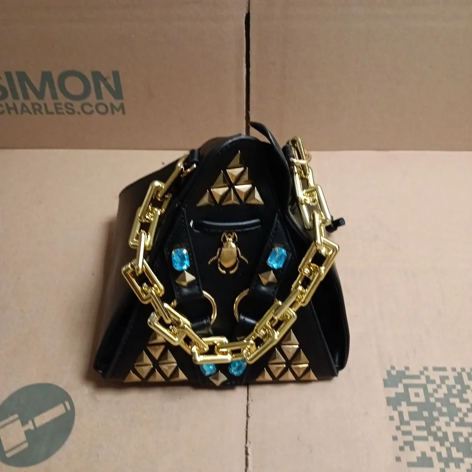 KOI BLACK HANDBAG WITH TURQUOISE STONES AND GOLD CHAIN